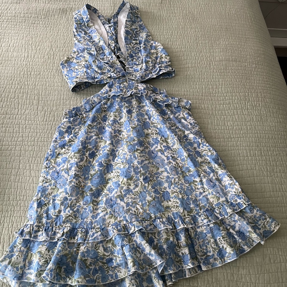 MABLE Blue and White Halter Sundress with Ruffles